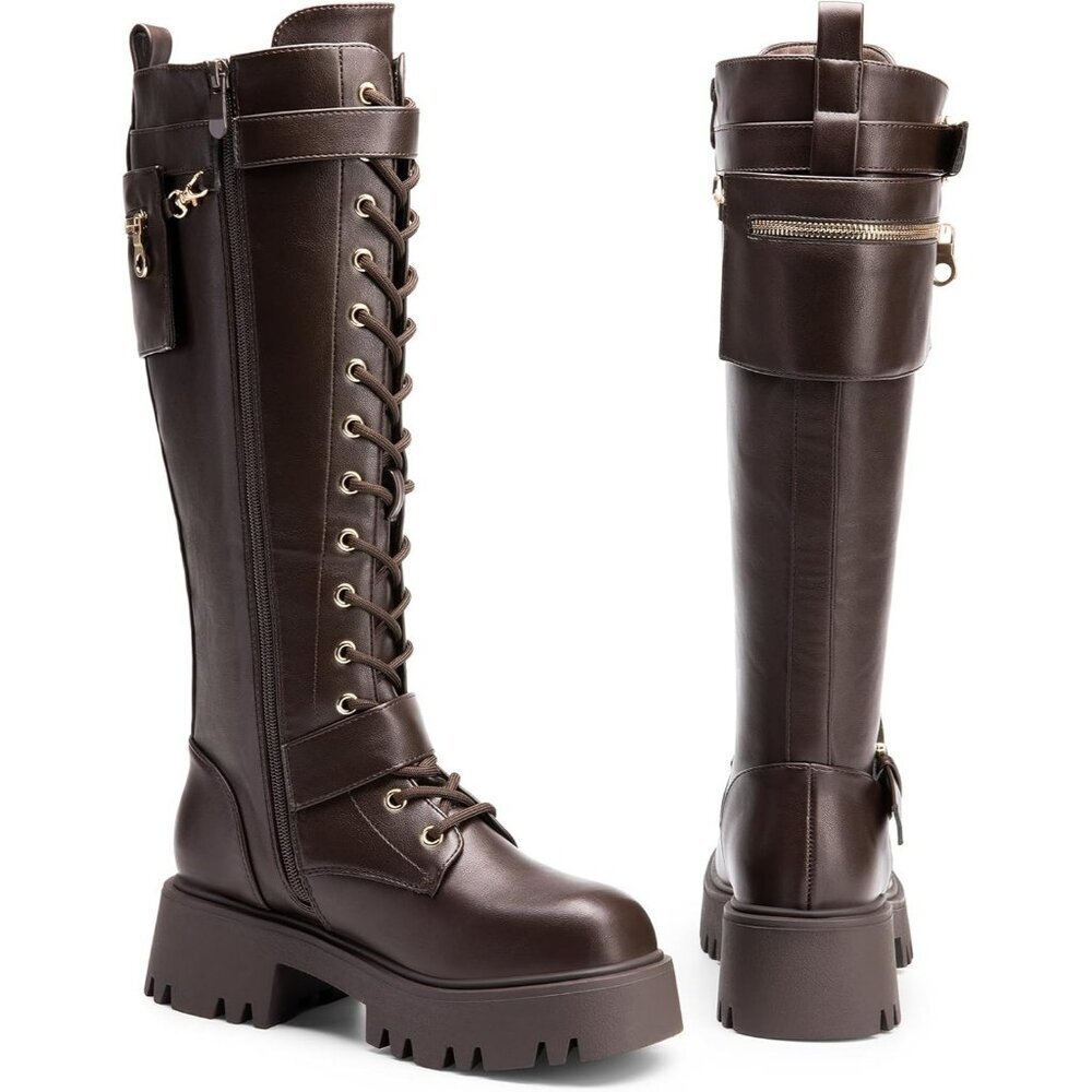 Women's Leather Brown Combat Platform Knee High Lace Up Boots Motorcycle Boots - Picture 5 of 9